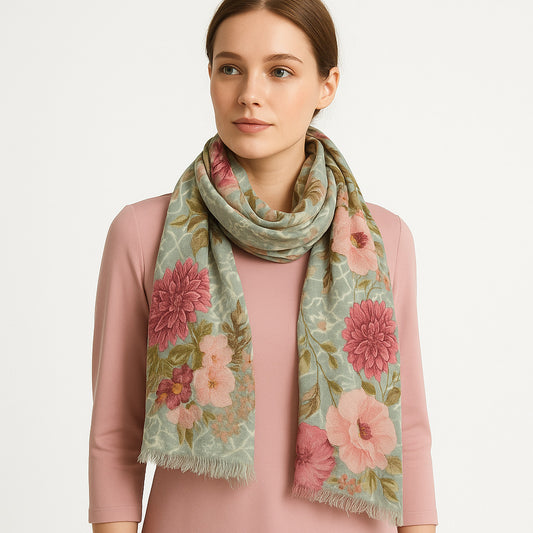 Premium Quality Floral Printed Scarf Silk and Wool Mix Lightweight MSW102