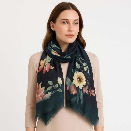 Premium Quality Floral Printed Scarf Silk and Wool Mix Lightweight MSW108