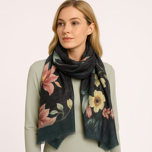 Premium Quality Floral Printed Scarf Silk and Wool Mix Lightweight MSW108