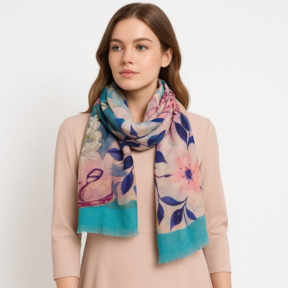 Premium Quality Floral Printed Scarf Silk and Wool Mix Lightweight MSW110