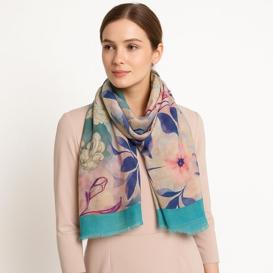 Premium Quality Floral Printed Scarf Silk and Wool Mix Lightweight MSW110