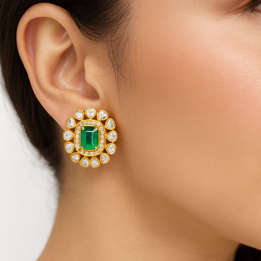 Royal Kundan Polki Stud Earrings 18K Gold Over Brass Handmade Jewelry PGE1001