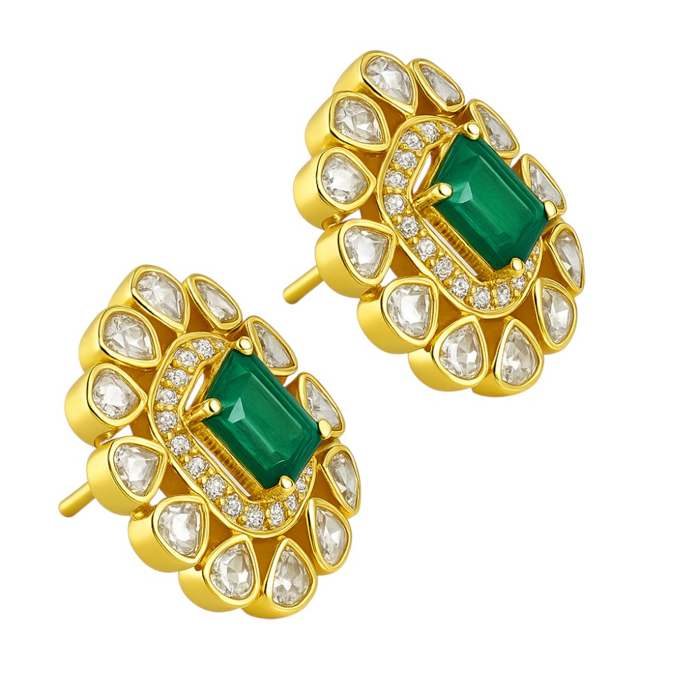 Royal Kundan Polki Stud Earrings 18K Gold Plated Handmade Jewelry PGE1001