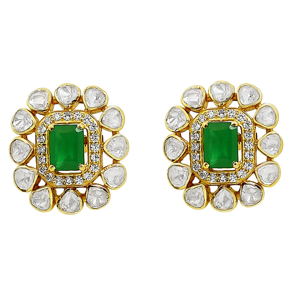 Royal Kundan Polki Stud Earrings 18K Gold Plated Handmade Jewelry PGE1001