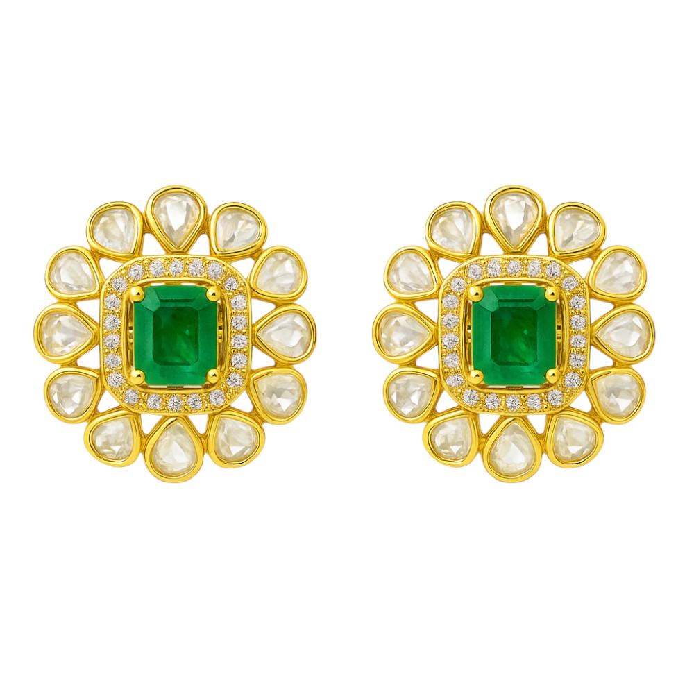 Royal Kundan Polki Stud Earrings 18K Gold Plated Handmade Jewelry PGE1001
