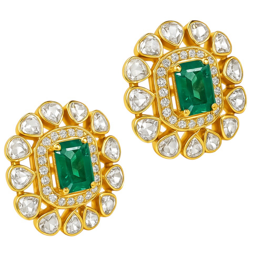 Royal Kundan Polki Stud Earrings 18K Gold Plated Handmade Jewelry PGE1001
