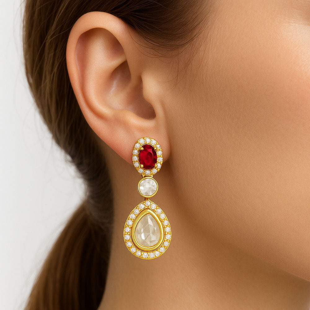 Kundan Polki Dangle Earrings 18K Gold Plated Jewelry with Gemstone PGE1002