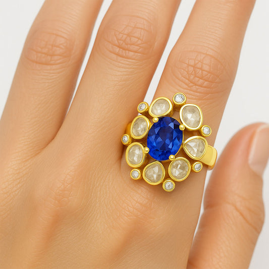 Traditional Kundan Polki Gemstone Ring Size 5-11 18K Gold Over Brass Jewelry PGR1001