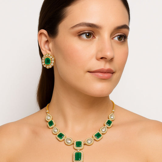 Bridal Kundan Polki Green Necklace Earrings Set 18K Gold Over Brass PGT1001