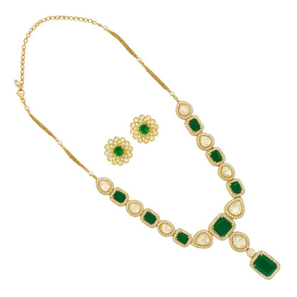 Bridal Kundan Polki Green Necklace Earrings Set 18K Gold Plated Jewelry PGT1001