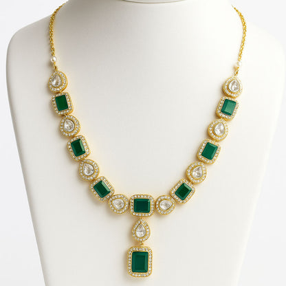 Bridal Kundan Polki Green Necklace Earrings Set 18K Gold Plated Jewelry PGT1001