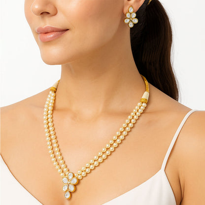 Bridal Kundan Polki Pearl Necklace Earrings Set 18K Gold Plated Jewelry PGT1002