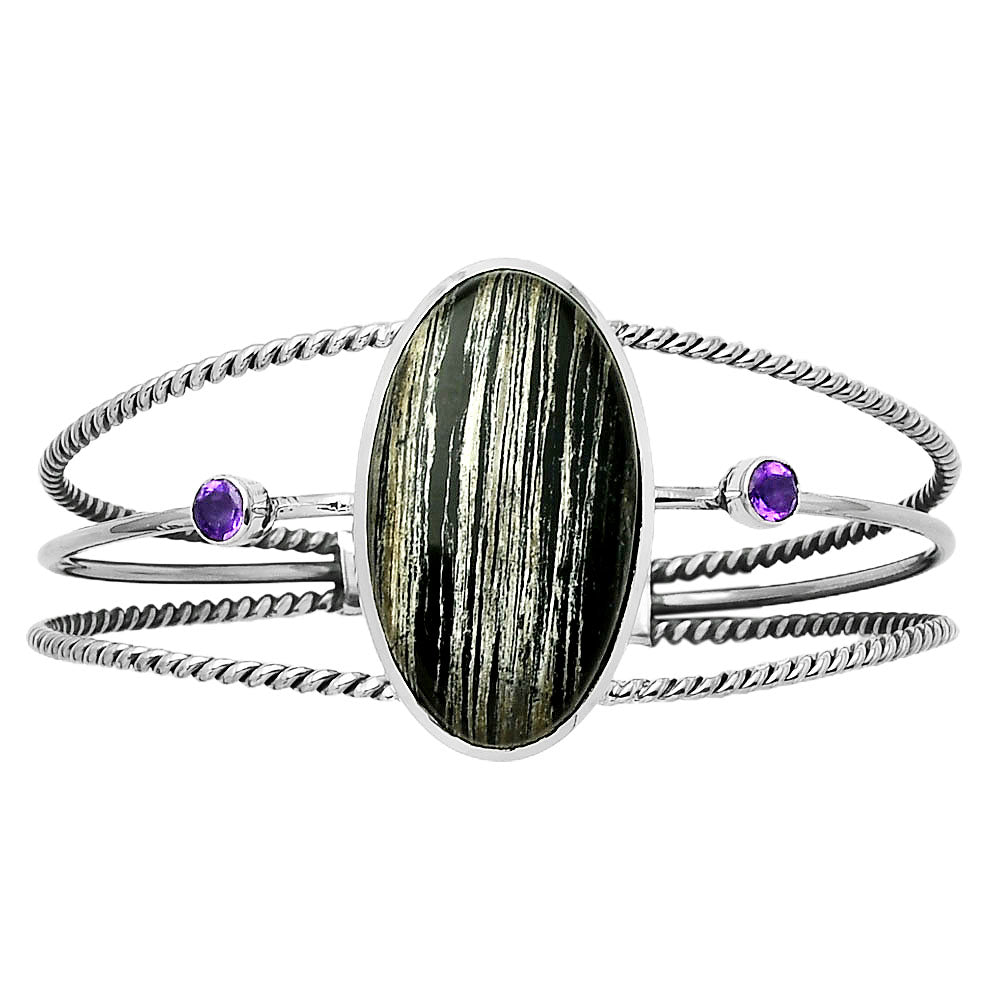 Silver Leaf Obsidian Cuff Bangle Bracelet B-1011 SDB4355