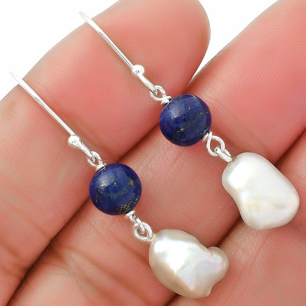 Natural Fresh Water Biwa Pearl & Lapis Earrings E-1010 SDE64153