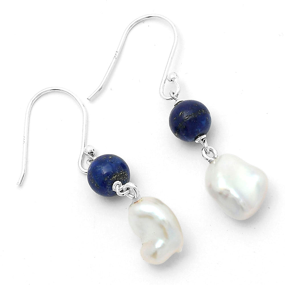 Natural Fresh Water Biwa Pearl & Lapis Earrings E-1010 SDE64153
