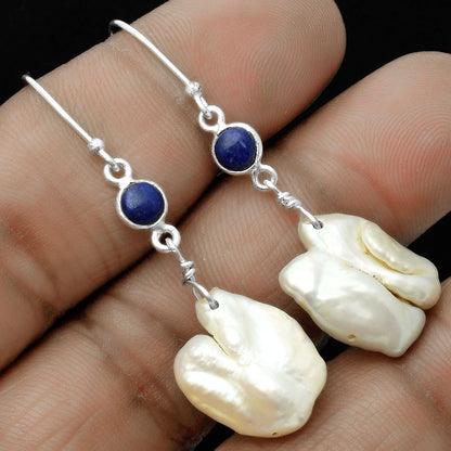Natural Fresh Water Pearl & Lapis Earrings E-1011 SDE65352