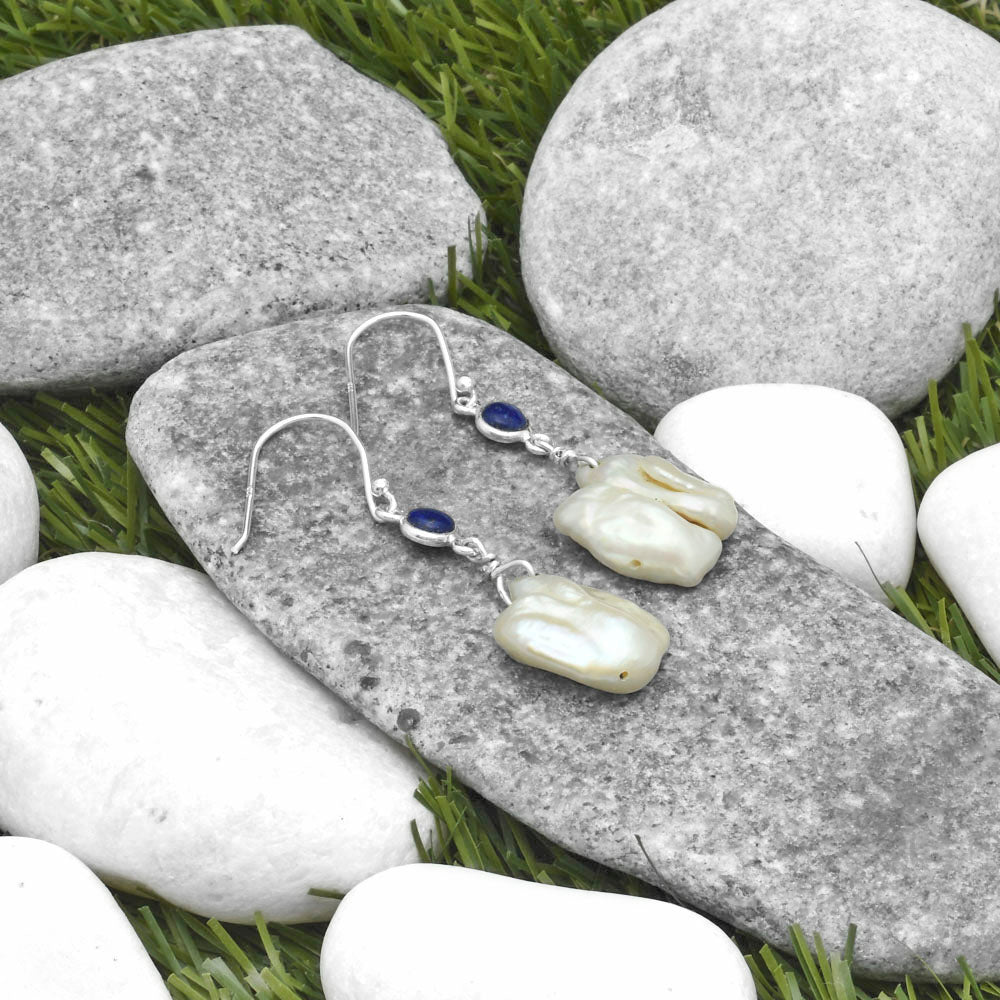 Natural Fresh Water Pearl & Lapis Earrings E-1011 SDE65352