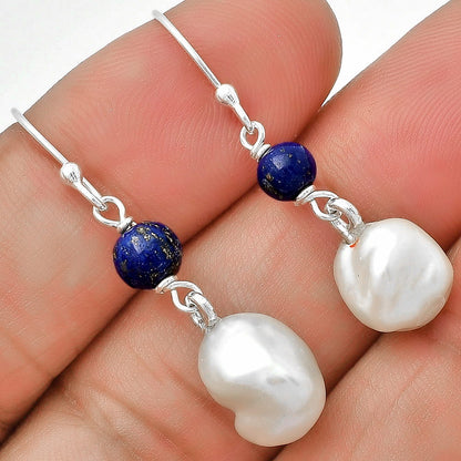 Natural Fresh Water Biwa Pearl & Lapis Lazuli Earrings E-1010 SDE70549