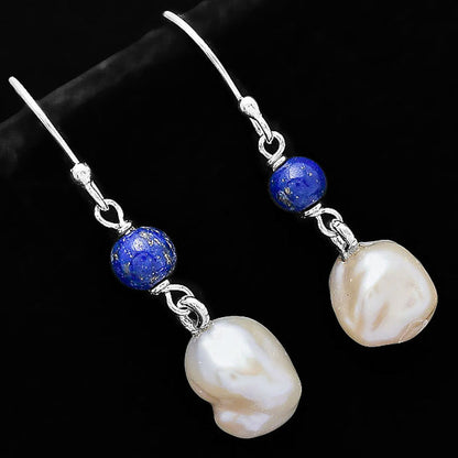 Natural Fresh Water Biwa Pearl & Lapis Lazuli Earrings E-1010 SDE70549
