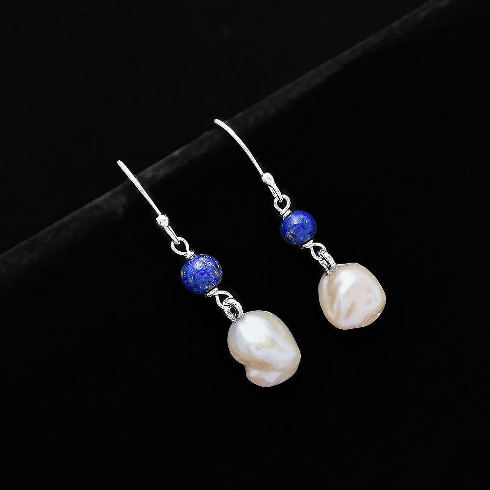 Natural Fresh Water Biwa Pearl & Lapis Lazuli Earrings E-1010 SDE70549