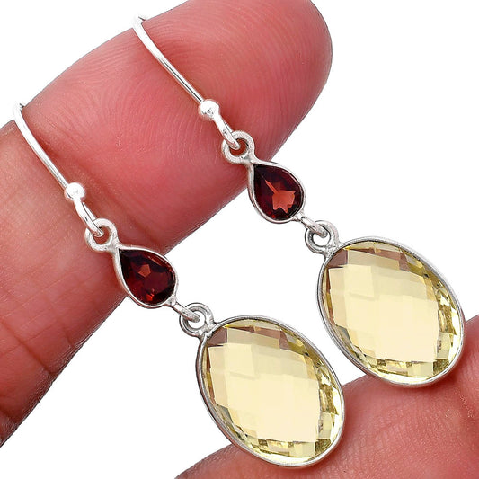 Lemon Quartz Briolette Checker & Garnet Earrings E-1006 SDE80331
