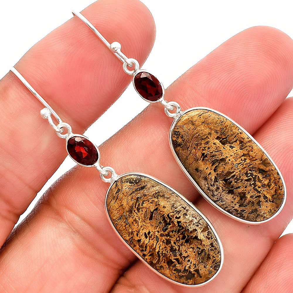 Palm Root Fossil Agate & Garnet Earrings E-1002 SDE82199