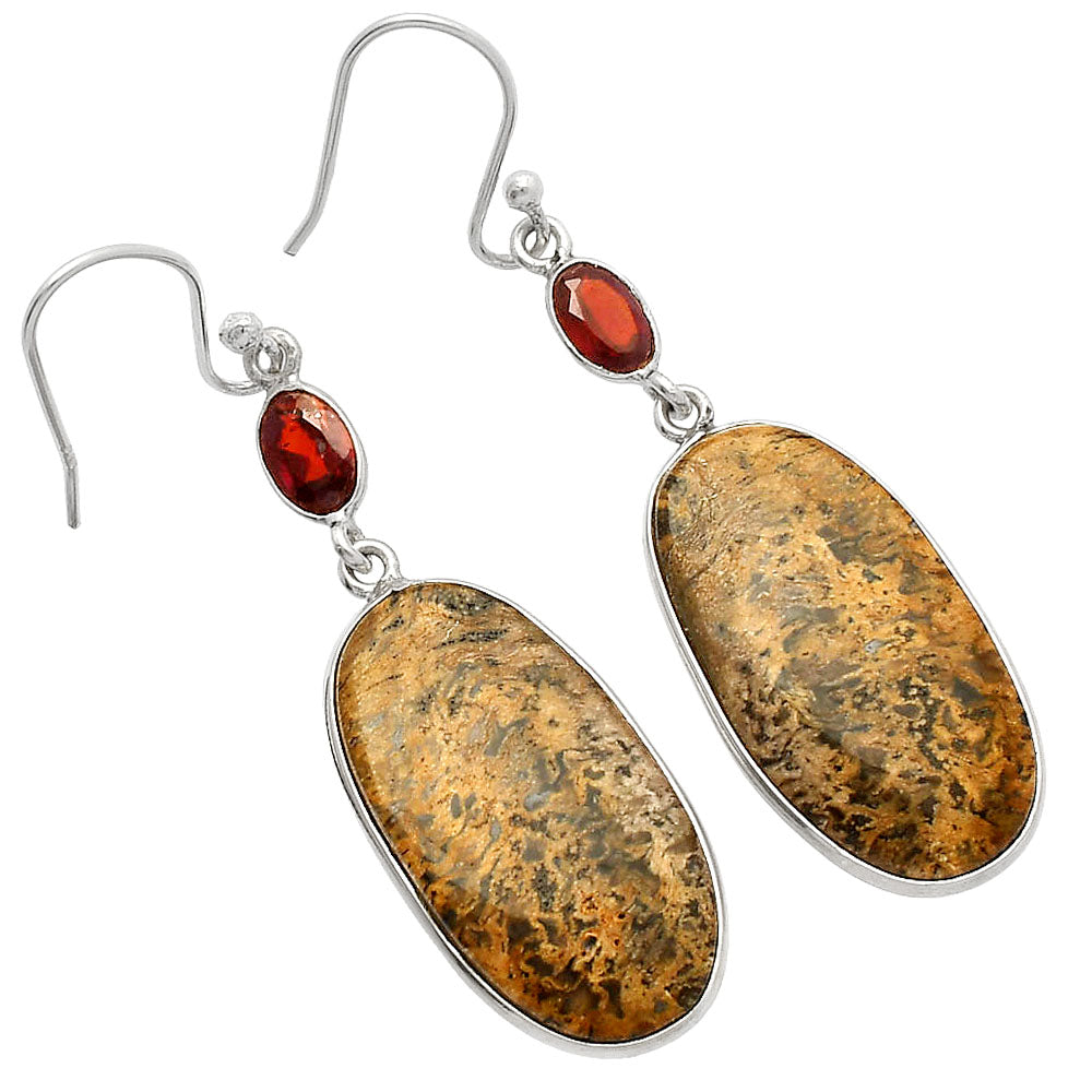 Palm Root Fossil Agate & Garnet Earrings E-1002 SDE82199