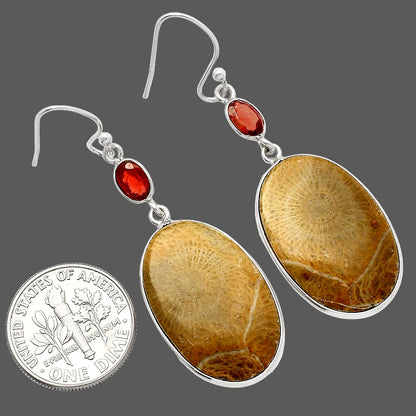 Flower Fossil Coral & Garnet Earrings E-1002 SDE82276