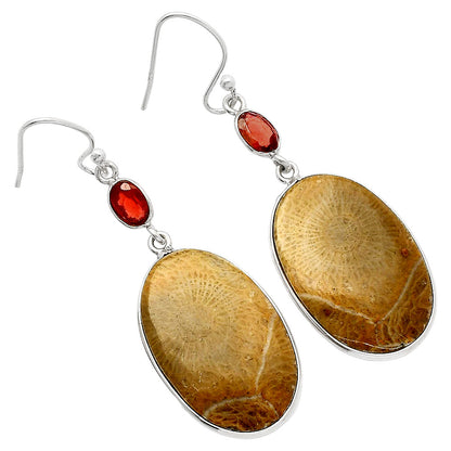 Flower Fossil Coral & Garnet Earrings E-1002 SDE82276