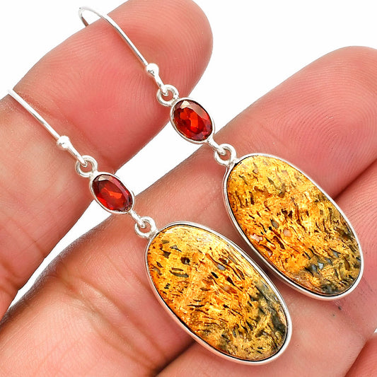 Palm Root Fossil Agate & Garnet Earrings E-1002 SDE82362