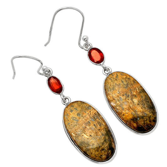Palm Root Fossil Agate & Garnet Earrings E-1002 SDE82362