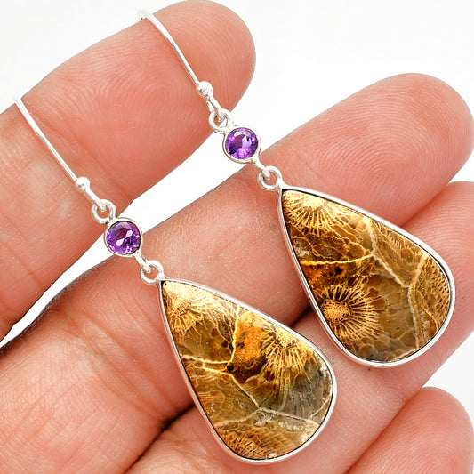 Flower Fossil Coral & Amethyst Earrings E-1002 SDE82427