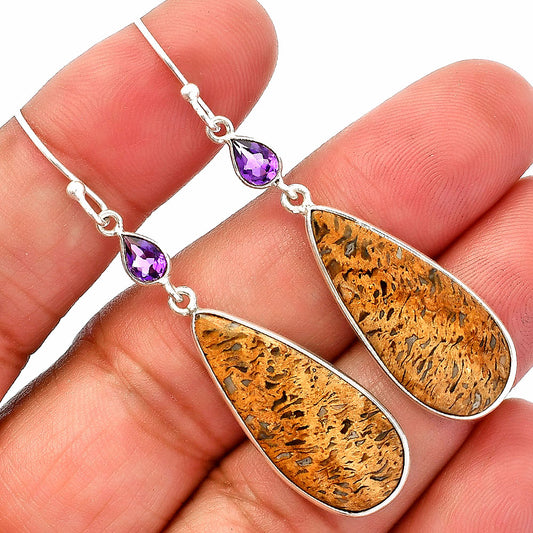 Palm Root Fossil Agate & Amethyst Earrings E-1002 SDE82599
