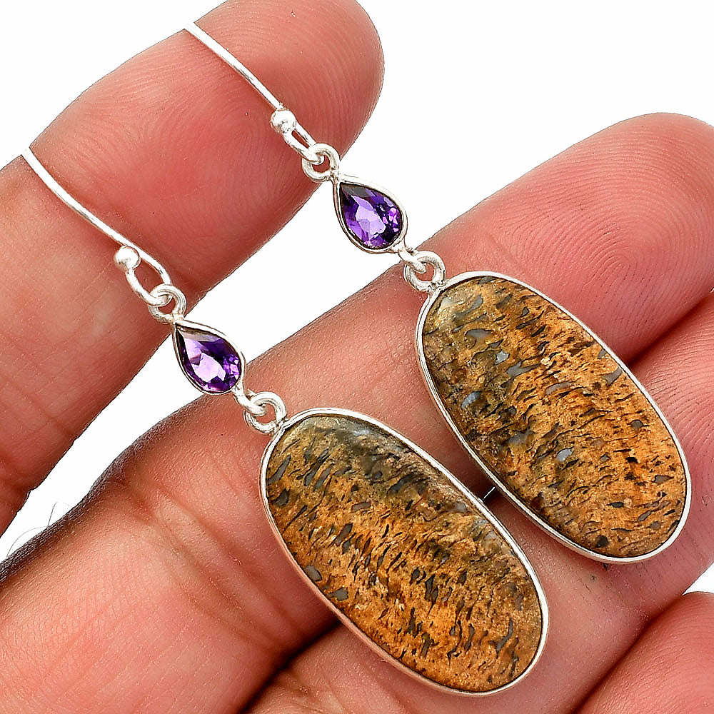 Palm Root Fossil Agate & Amethyst Earrings E-1002 SDE82625