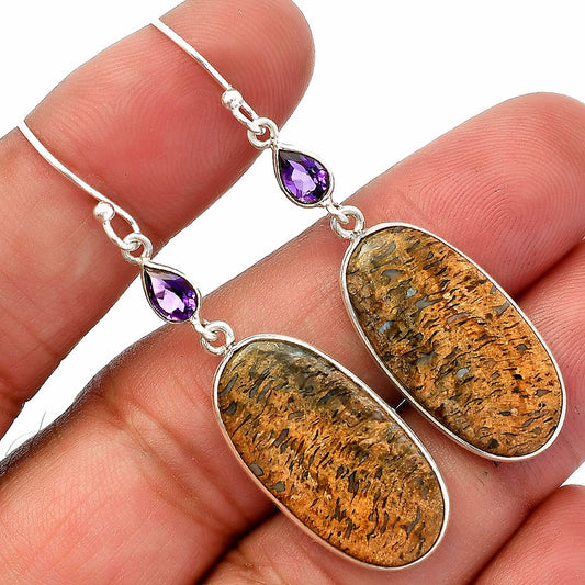 Palm Root Fossil Agate & Amethyst Earrings E-1002 SDE82625