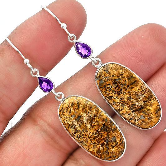 Palm Root Fossil Agate & Amethyst Earrings E-1002 SDE82645