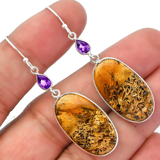Palm Root Fossil Agate & Amethyst Earrings E-1002 SDE82646