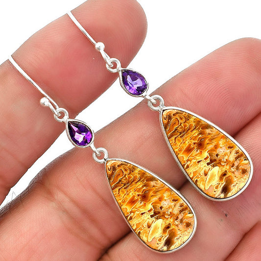 Palm Root Fossil Agate & Amethyst Earrings E-1002 SDE82651