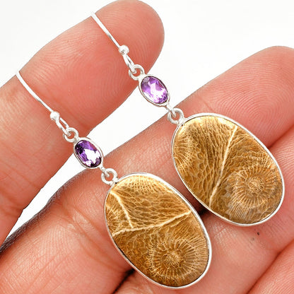 Flower Fossil Coral & Amethyst Earrings E-1002 SDE82682