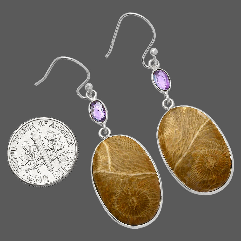 Flower Fossil Coral & Amethyst Earrings E-1002 SDE82682