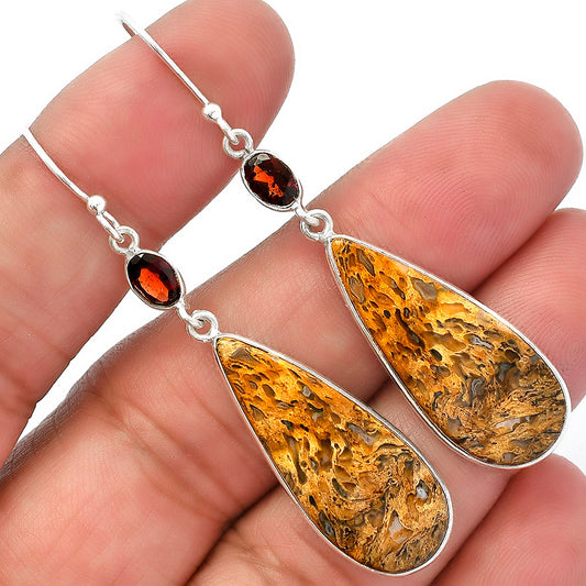 Palm Root Fossil Agate & Garnet Earrings E-1002 SDE82711