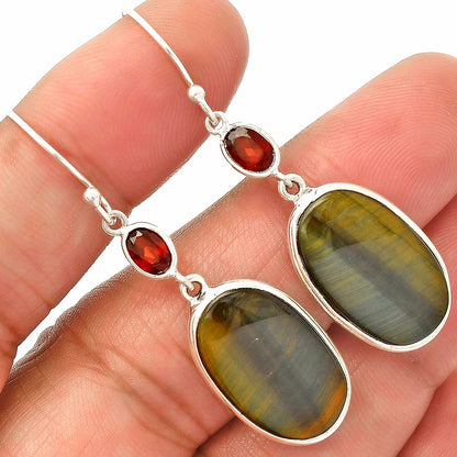 Natural Blue Tiger Eye & Garnet Earrings E-1002 SDE83248
