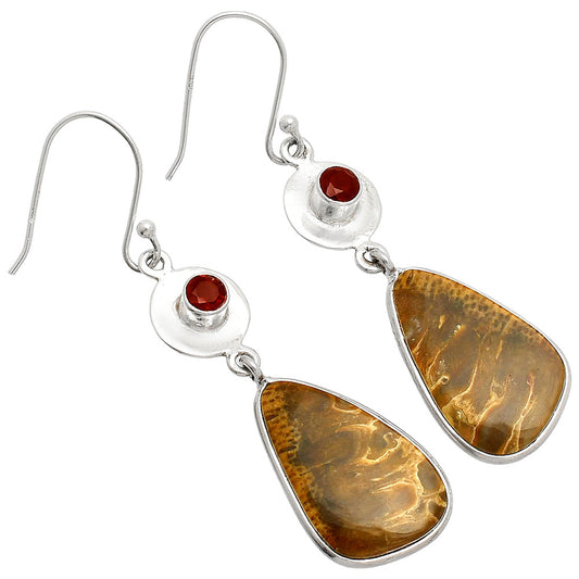 Palm Root Fossil Agate & Garnet Earrings E-1081 SDE83901