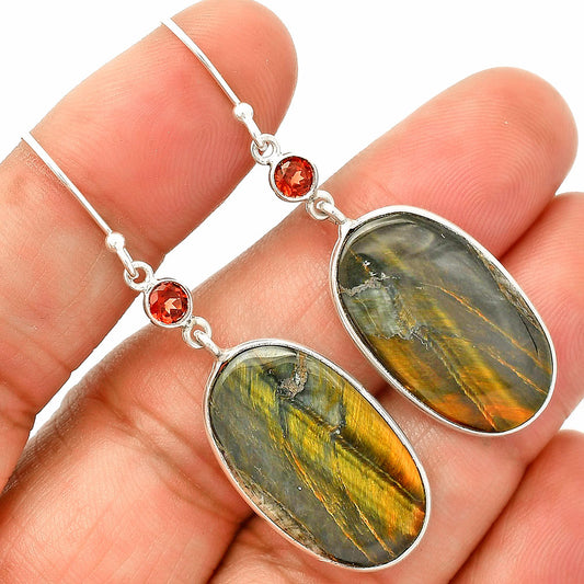 Natural Blue Tiger Eye & Garnet Earrings E-1002 SDE84162