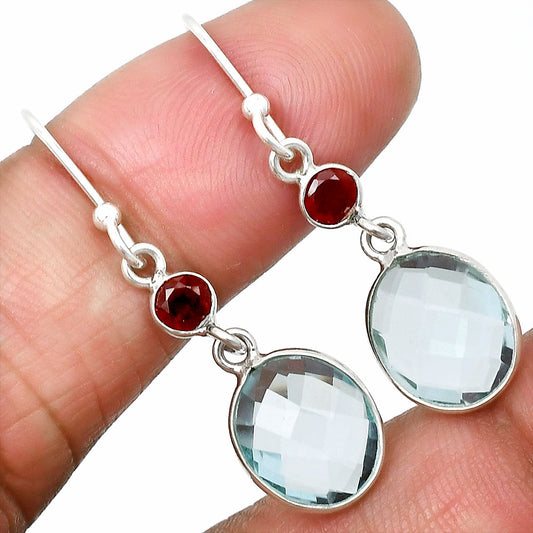 Sky Blue Topaz Checker Briolette & Garnet Earrings E-1006 SDE85033