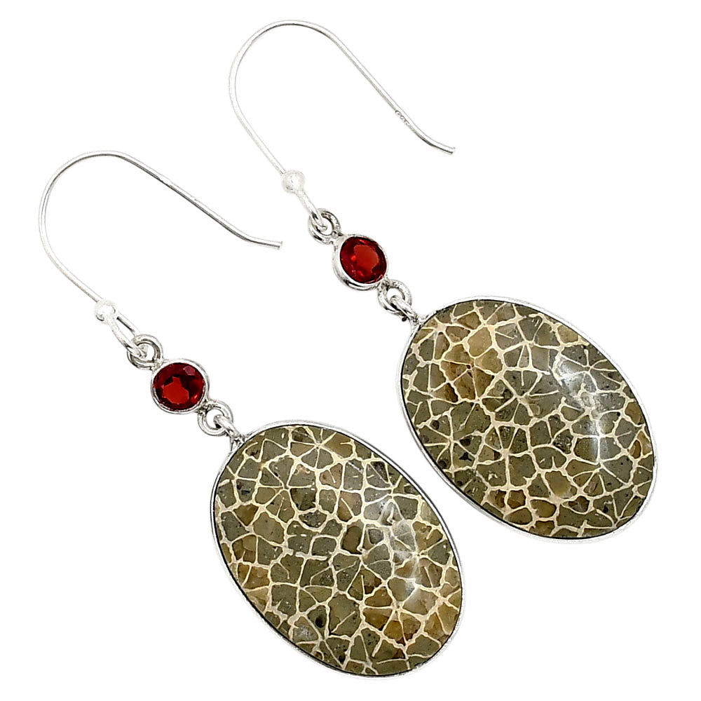 Flower Fossil Coral and Garnet Earrings E-1002 SDE90958