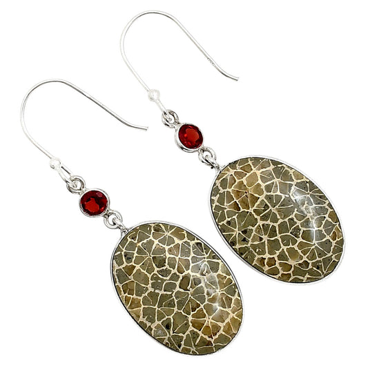 Flower Fossil Coral and Garnet Earrings E-1002 SDE90958