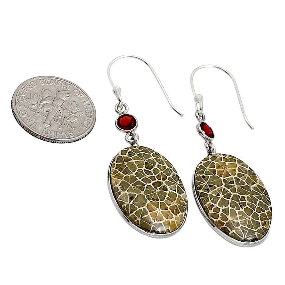 Flower Fossil Coral and Garnet Earrings E-1002 SDE90958