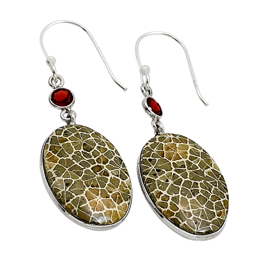 Flower Fossil Coral and Garnet Earrings E-1002 SDE90958