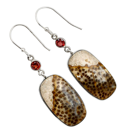 Root Plume Agate and Garnet Earrings E-1002 SDE91049